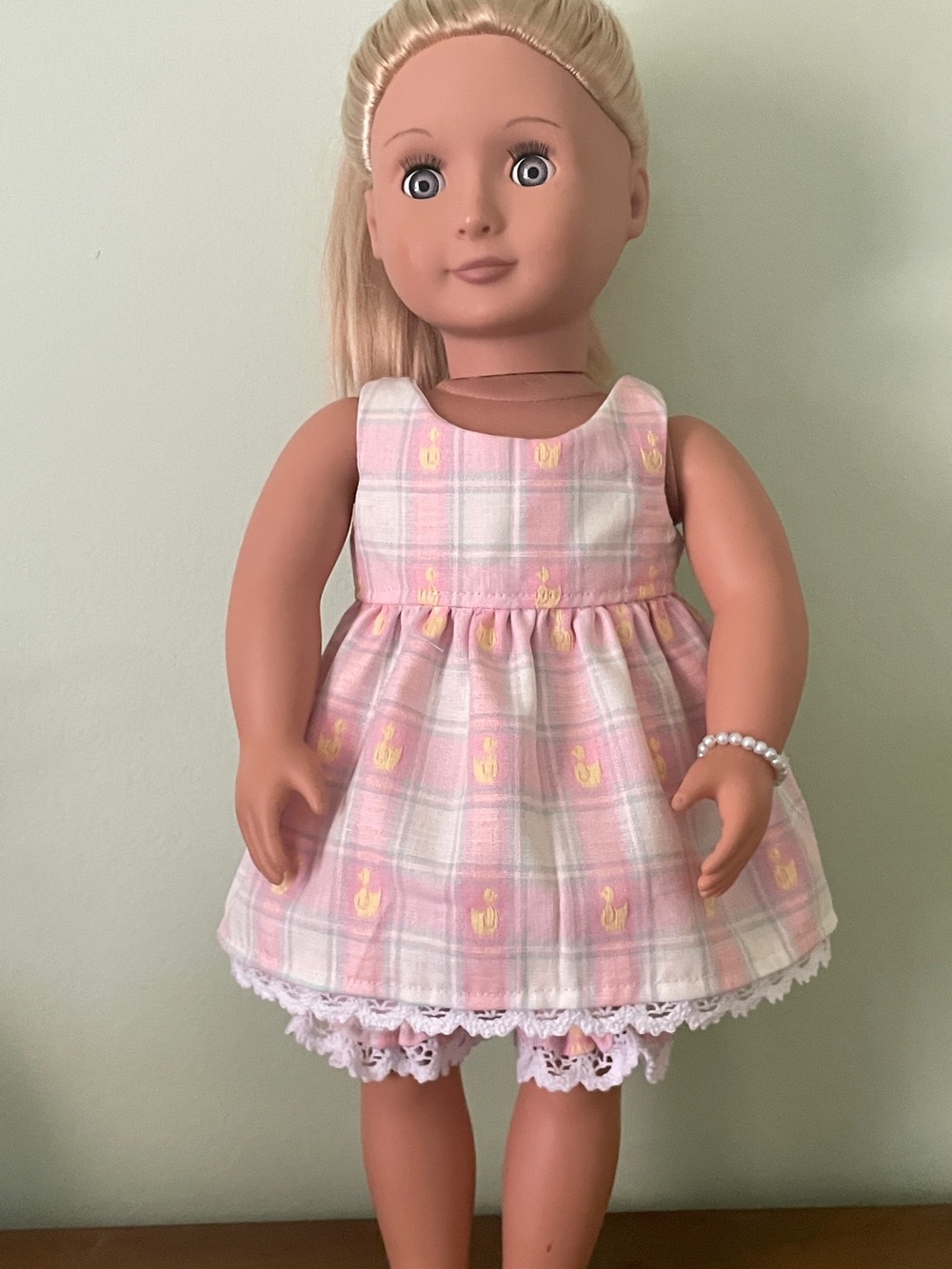 Pink Plaid Doll Dress with Lace Hem